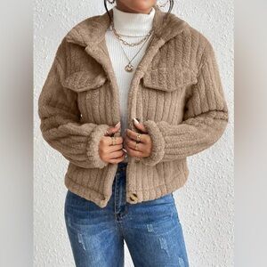 SHEIN Tan Teddy Jacket with Collared Neckline